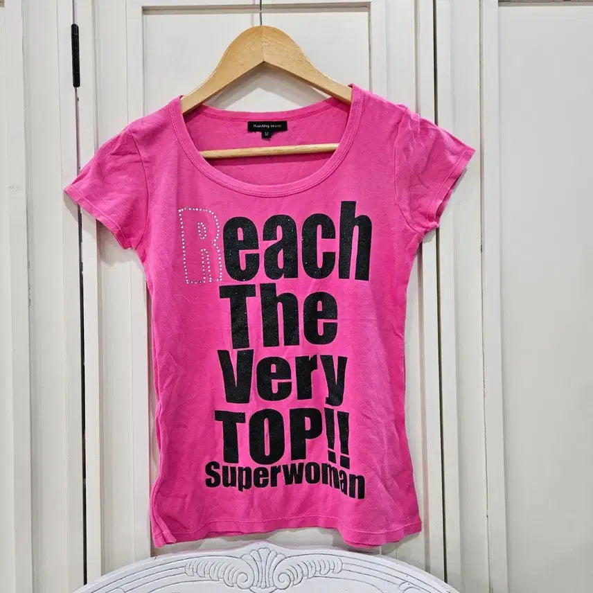 [BUNJANG] Hot Pink Lettering Short Sleeve T-Shirt / 핫핑크 레터링 반팔 티셔츠