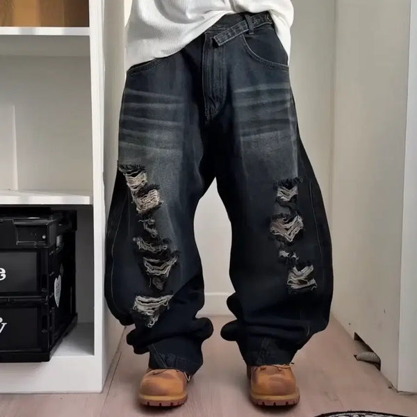 [BUNJANG] BLR Adjustable Distressed Wide Leg Denim Pants Dark Blue / BLR 비엘알 어드저스터블 디스트로이드 데님팬츠 다크블루 L
