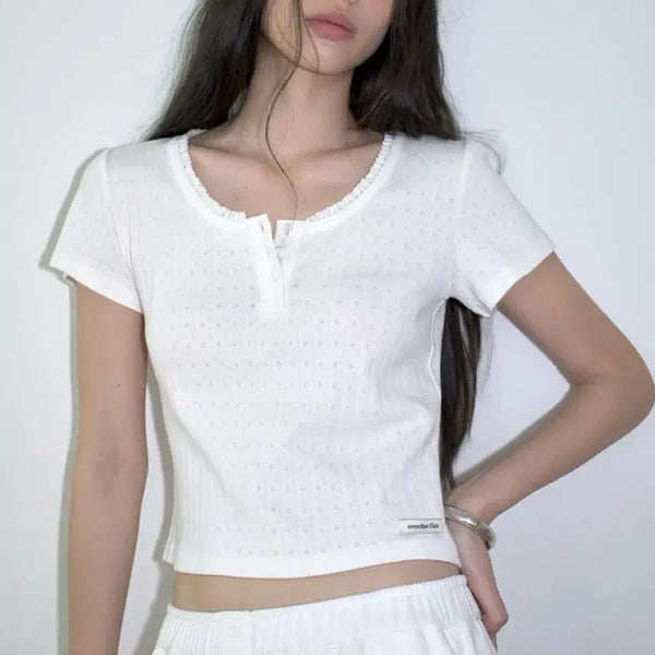 [BUNJANG] OVERDUELAYER Lace Punching Basic Short Sleeve T-Shirt / 오버듀플레어 레이스 펀칭 기본 반팔티