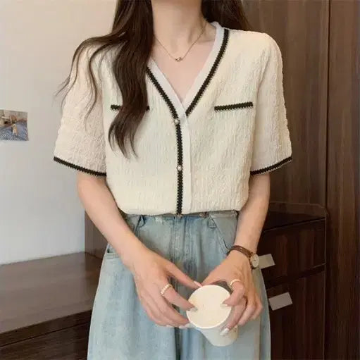 [BUNJANG] V-Neck Pearl Button Soft Blouse - Ivory / (세상품) 브이넥 진주단추 부들 블라우스