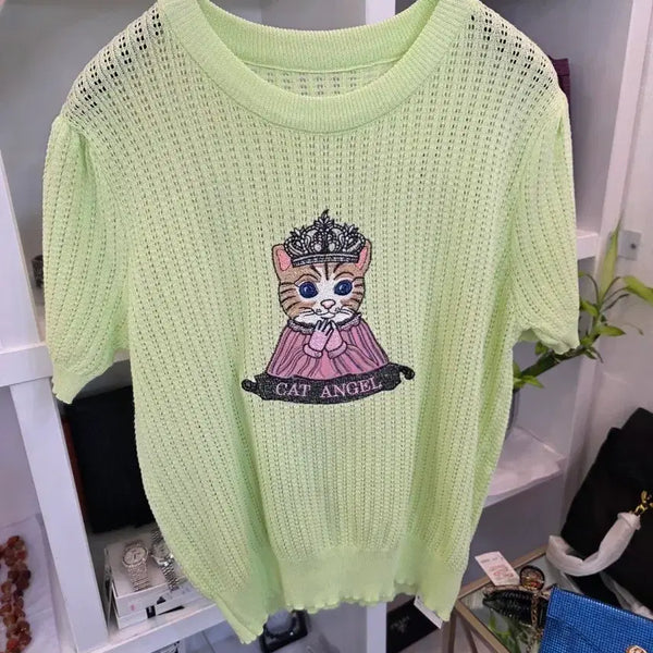 [BUNJANG] Cat Embroidery Punching Summer Knit / 세일 고양이자수 펀칭 여름니트
