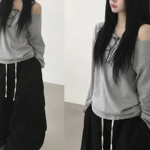 [BUNJANG] Off-Shoulder Long-Sleeve T-Shirt - Grey, Free Size / 오프숄더 긴팔 티셔츠 그레이 FREE (새상품급)