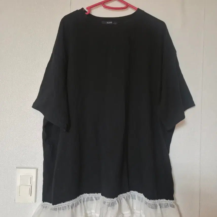 [BUNJANG] Black Short Sleeve Lace Ruffle Long Dress / 빅사이즈 블랙 반팔 원피스 레이스 프릴 롱 원피스