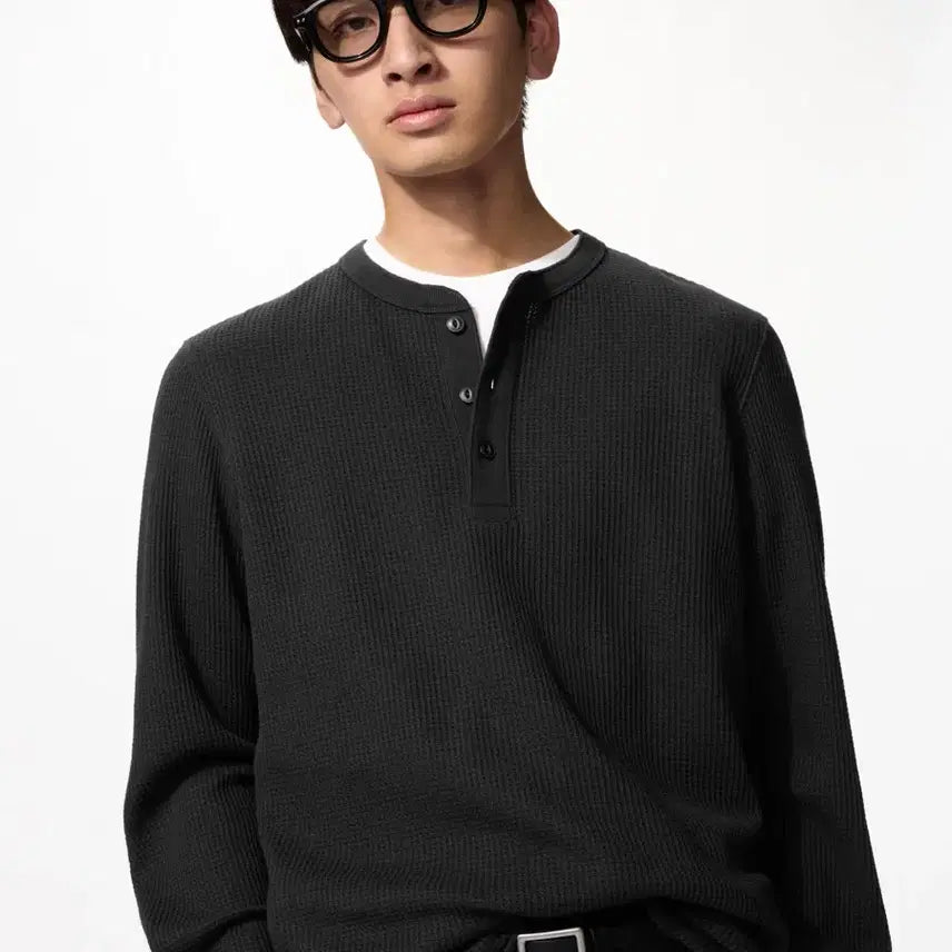 [BUNJANG] Uniqlo Waffle Henley T-Shirt Black XL / 유니클로 와플헨리넥T 블랙 XL 341-482766