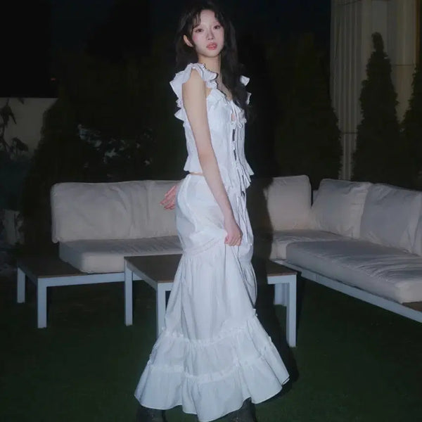 [BUNJANG] Newearling Pure Lace Frill Long Skirt (White) / 뉴얼린 퓨어 레이스 프릴 롱스커트 (white)