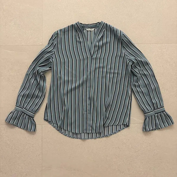 [BUNJANG] Blue Stripe V-Neck Blouse / 블루 스트라이프 브이넥 블라우스 새거