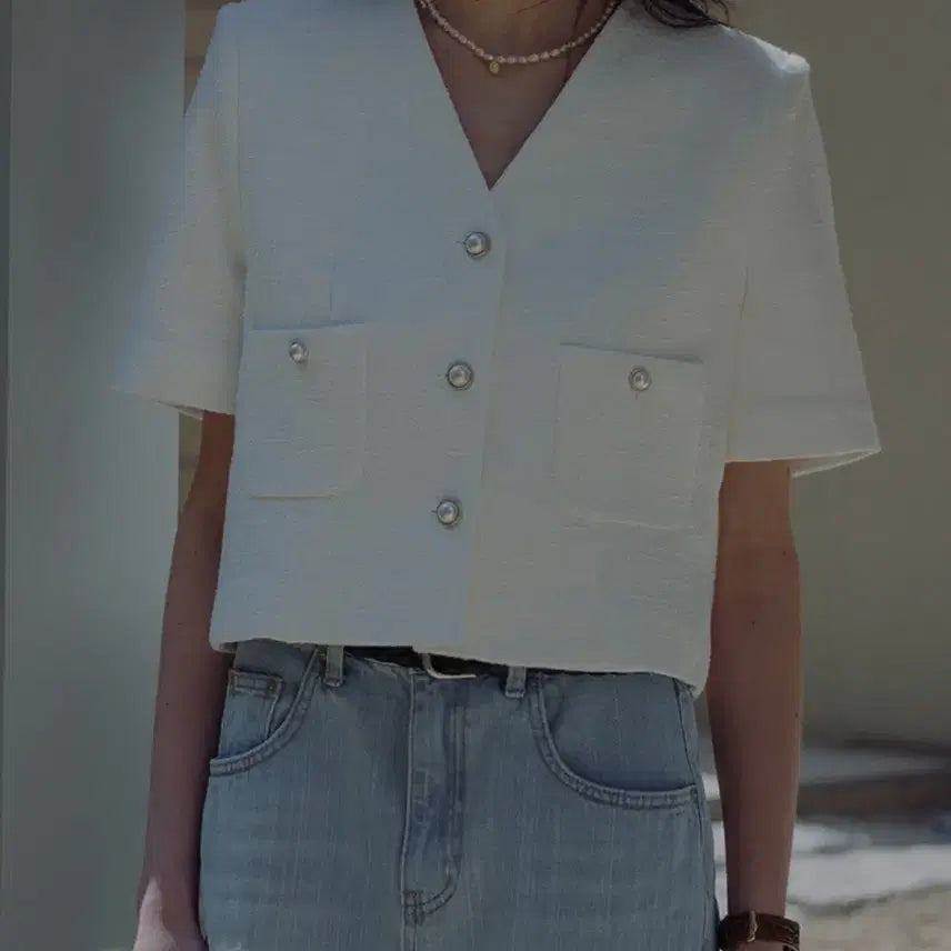 [BUNJANG] TILDA IDE Tie Collar Pearl Button Tweed Jacket White S / 틸아이다이 노카라 펄버튼 트위드 자켓 S _ 여성