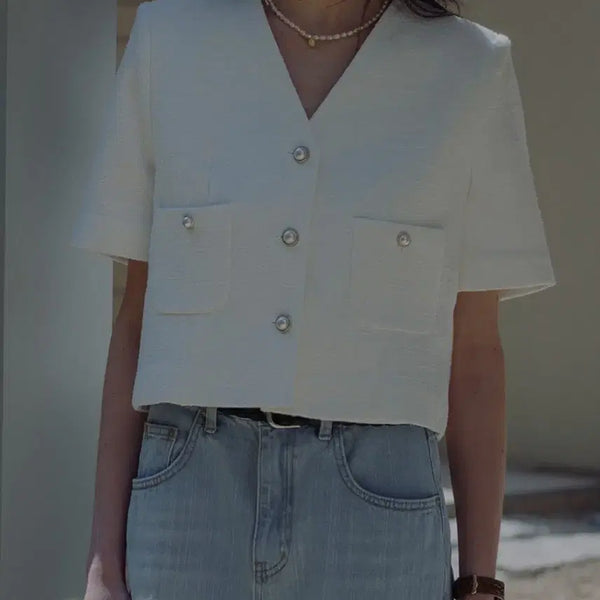 [BUNJANG] TILDA IDE Tie Collar Pearl Button Tweed Jacket White S / 틸아이다이 노카라 펄버튼 트위드 자켓 S _ 여성