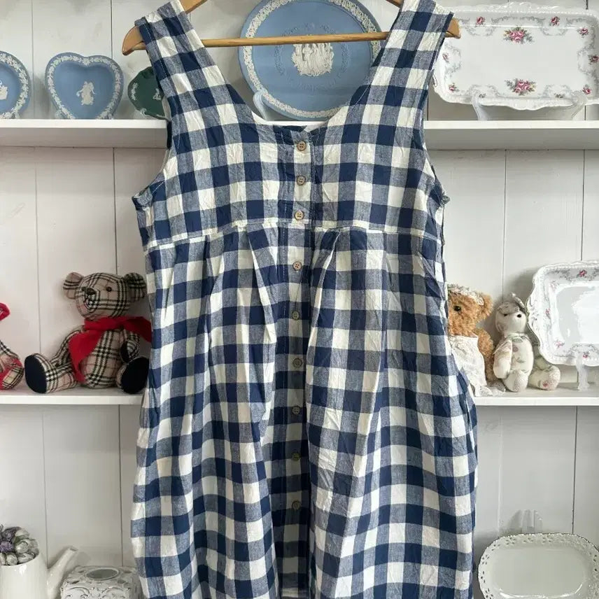 [BUNJANG] Navy Gingham Cotton Sleeveless Dress / 네이비 깅엄체크 코튼 민소매 원피스