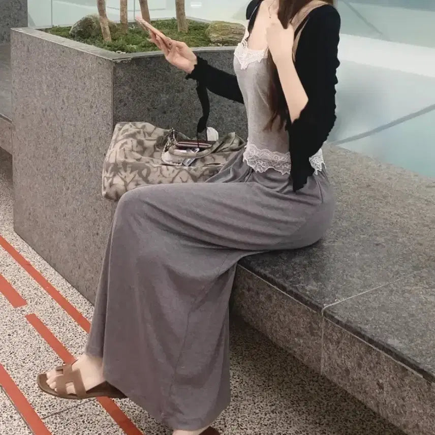 [BUNJANG] Yulb Lace Cami & String Long Skirt Set / 율브 레이스나시&스트링 롱스커트 세트