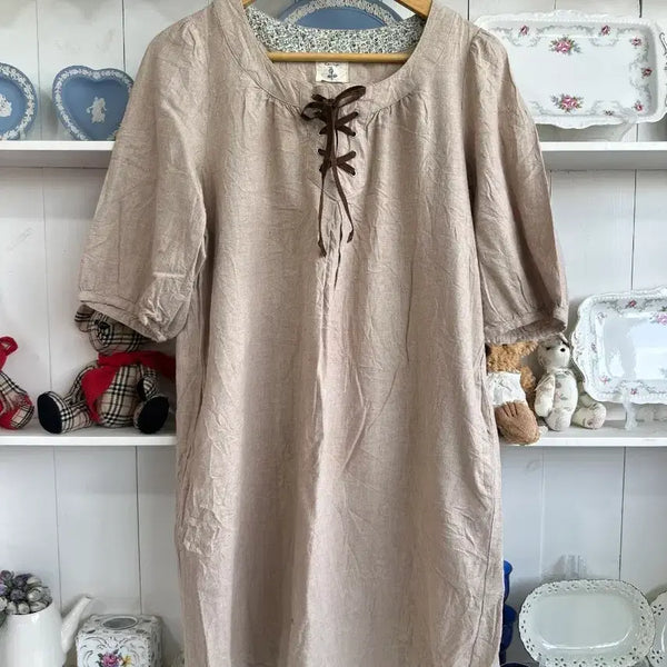 [BUNJANG] Beige Cotton Lace-up Natural Dress / 베이지 코튼 레이스업 내추럴 원피스