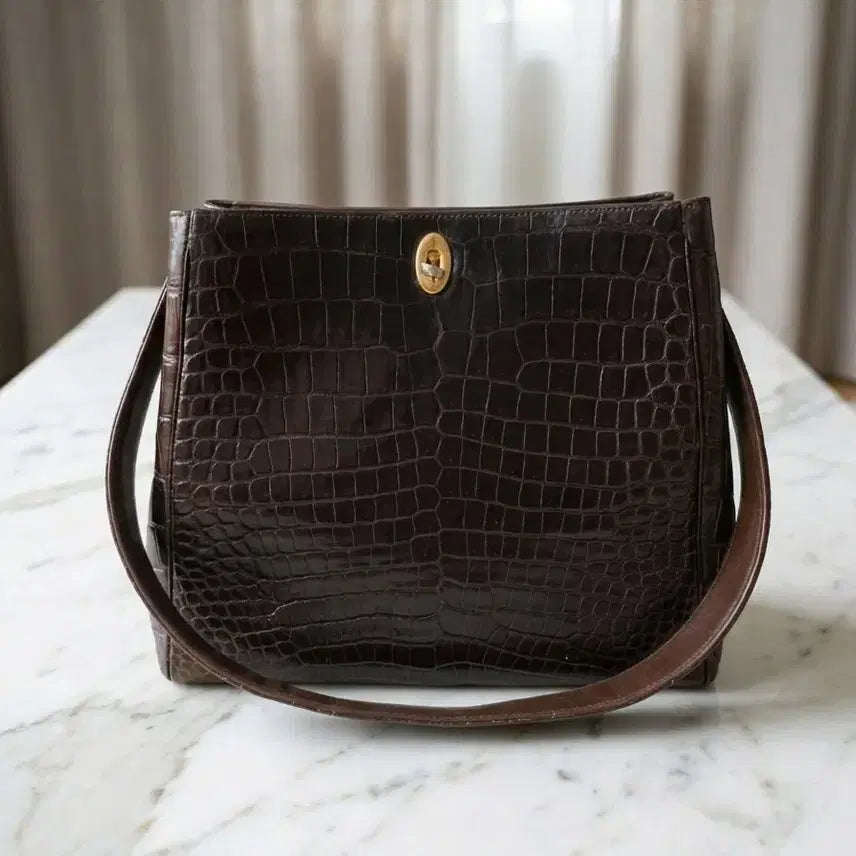 [BUNJANG] TRINITY Dark Brown Crocodile Pattern Leather Shoulder Bag / [정품] 신세계 트리니티(TRINITY) 다크브라운 악어패턴 숄더백