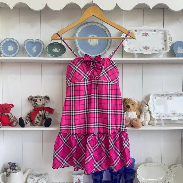 [BUNJANG] Pink Check Ribbon Ruffle Cami Dress / 핑크 체크 리본 프릴 캐미 원피스
