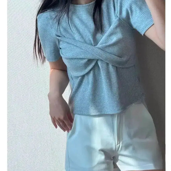 [BUNJANG] Puff Ribbon Knit Short Sleeve Top (Black/Gray) / # (블랙/그레이) 퍼프 리본 꼬임 골지 니트 반팔