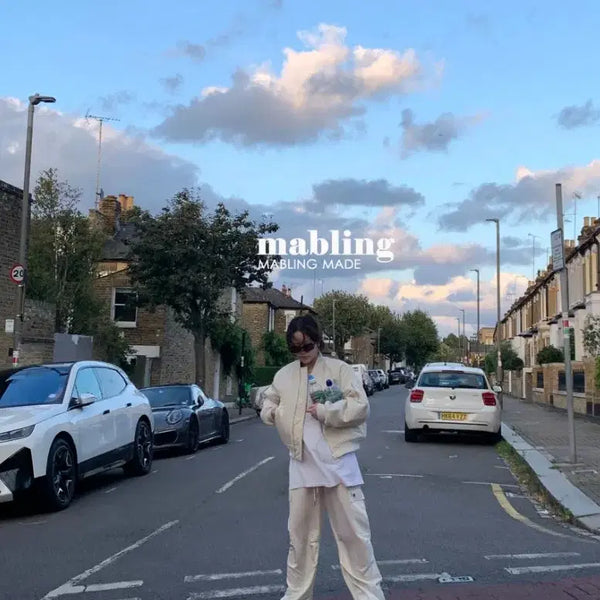 [BUNJANG] Marbling Satin Parachute Trousers - Ivory / 마블링 새틴 파라슈트 트라우저 팬츠 아이보리 프리사이즈