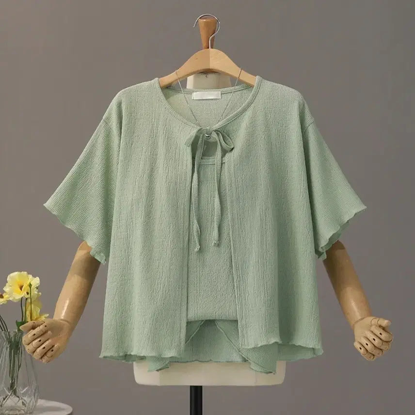 [BUNJANG] Wrinkle Cardigan and Camisole Set - Mint / 새상품)  링클 가디건나시세트 민트