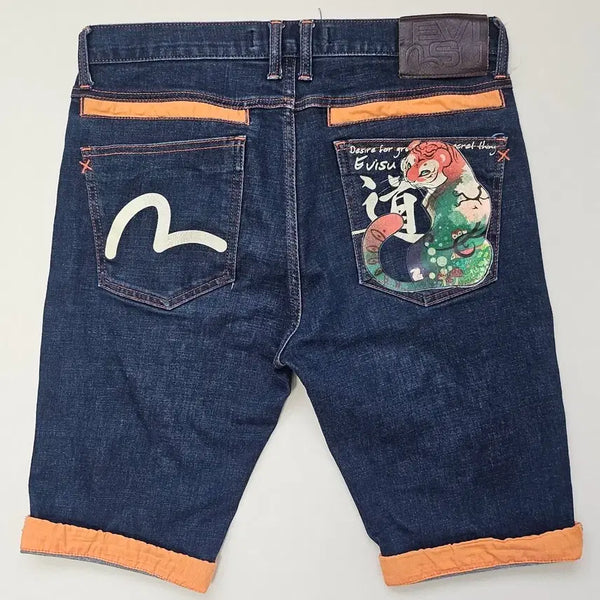[BUNJANG] Evisu Graphic Tiger Pattern Roll-up Denim Bermuda Shorts / 에비수 그래픽 호랑이 패턴 롤업 데님 버뮤다 팬츠