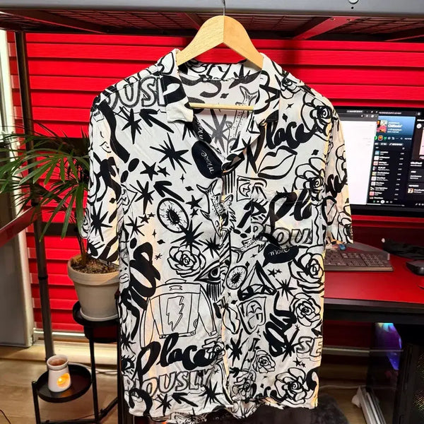 [BUNJANG] ZARA Graffiti Bowling Collar Relaxed Fit Shirt (L) / 자라 그래피티 볼링카라 릴렉스핏 셔츠 (L)