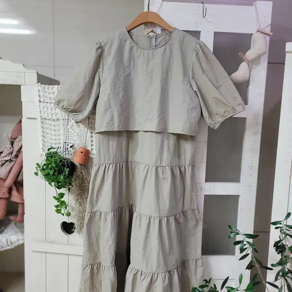 [BUNJANG] Beige Crinkle Fabric Tiered Dress Size 55 / 바스락 캉캉 원피스 55