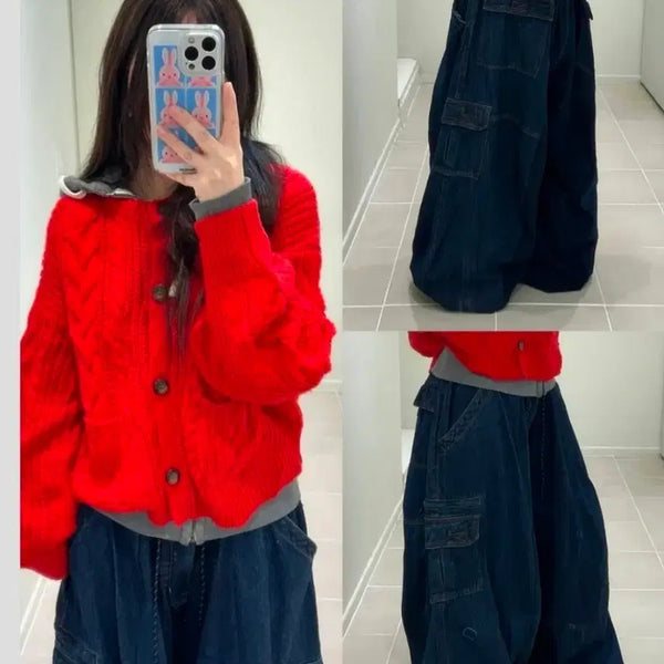 [BUNJANG] Wise Girl Vintage Red Cable Knit Cardigan / 와이즈걸 빈티지 레드 꽈배기 가디건 스즈코 카메 카모메산장 코모레비 지구네 모리노가토 무오데 와이즈걸 미라이클립 닛시 빈티지 얼스앤뮤직 코네코야 스윙잉 서울 미코하우스 코코모리