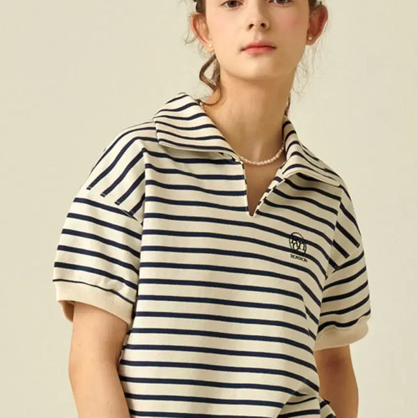 [BUNJANG] Ronron Women's Loose Fit Striped Sweat Short Sleeve T-shirt / [무료배송]론론 F 여성 루즈핏 스트라이프 스웨트 반팔 티셔츠
