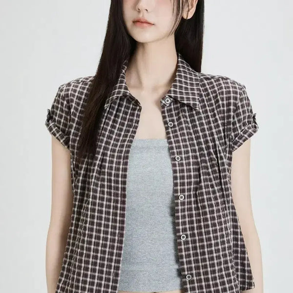 [BUNJANG] Mixxo Roll-up Sleeve Check Short-Sleeved Shirt Brown / 미쏘 롤업 체크 반팔 셔츠 브라운