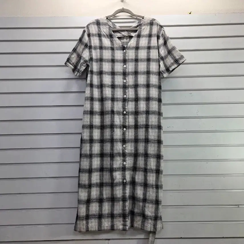[BUNJANG] Checkered Cotton Linen Blend V-Neck Long Dress with Waist Tie / 체크무늬 면마혼방 V넥 허리끈장식 롱원피스/보물찾기천사