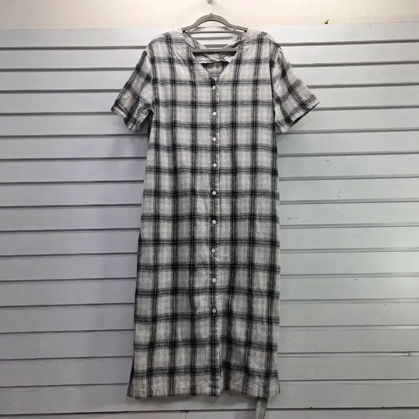 [BUNJANG] Checkered Cotton Linen Blend V-Neck Long Dress with Waist Tie / 체크무늬 면마혼방 V넥 허리끈장식 롱원피스/보물찾기천사
