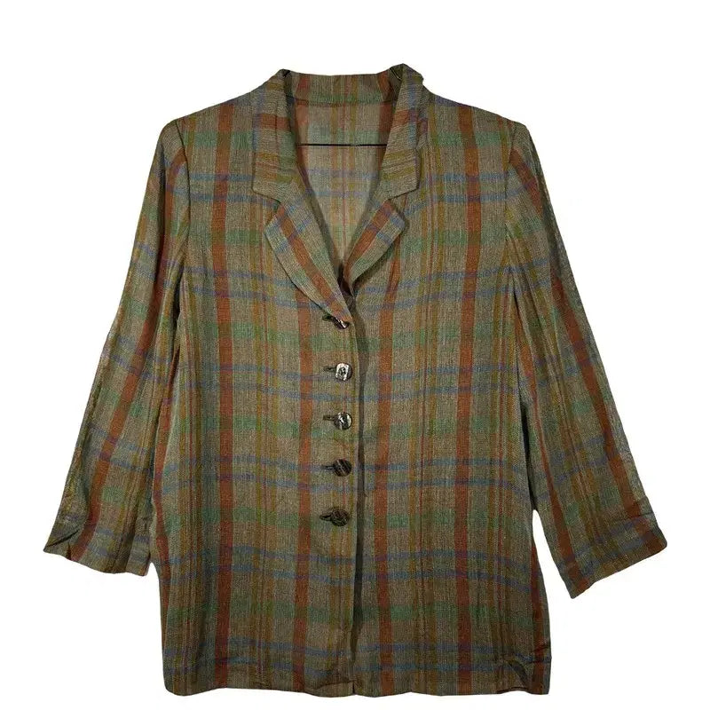 [BUNJANG] Vintage Khaki Linen Blend Blazer Jacket / 빈티지 카키 린넨 자켓 블레이저 내추럴 클래식 아우터  [XL] 레이온 혼방