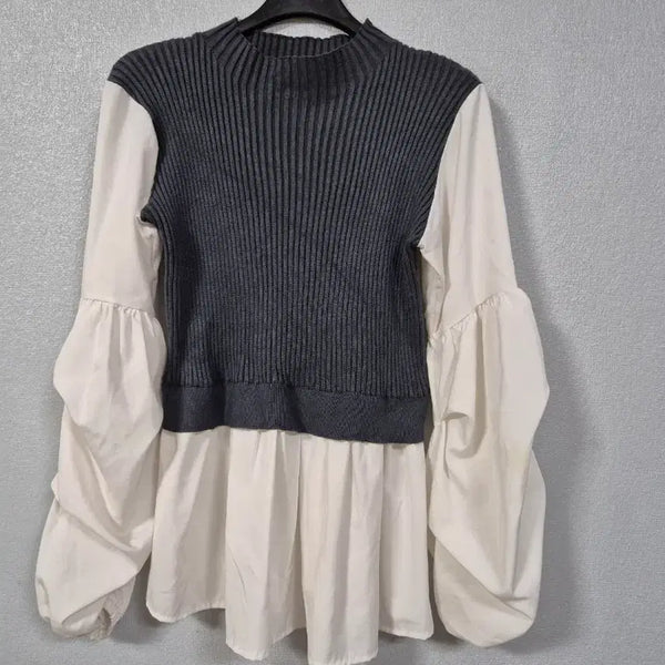 [BUNJANG] Balloon Sleeve Knit Contrast Blouse Size 66 / 벌룬소매 니트배색 블라우스 66