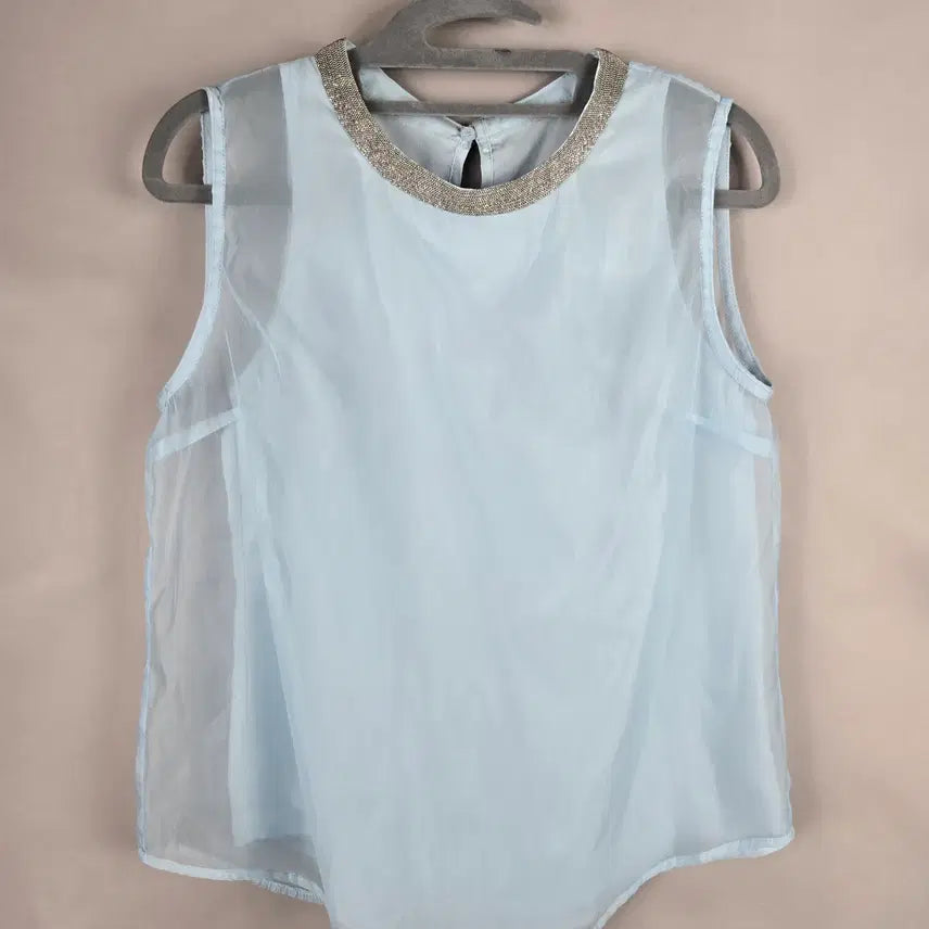 [BUNJANG] Women's S Neck Point Chiffon See-through Organza Sleeveless Blouse / [무료배송]여성 S 넥 포인트 쉬폰 시스루 오간자 민소매 블라우스