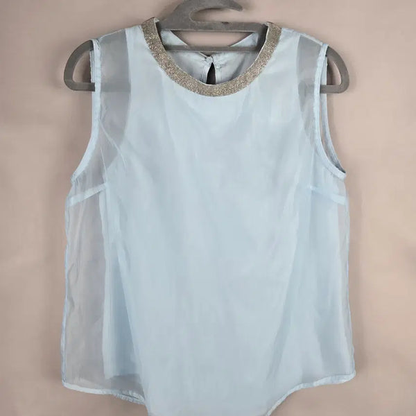 [BUNJANG] Women's S Neck Point Chiffon See-through Organza Sleeveless Blouse / [무료배송]여성 S 넥 포인트 쉬폰 시스루 오간자 민소매 블라우스