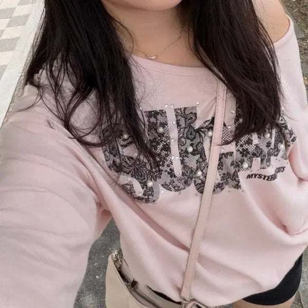 [BUNJANG] Sugar Baby Gal Gal Lettering Pearl Off-Shoulder Top / 슈가베이비 갸루 슈가 망사레터링 진주 오프숄더 탑 베메클 오네갸루 히메갸루
