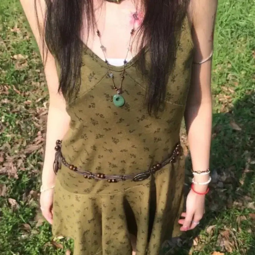 [BUNJANG] HINAIZ Olive Floral Bohemian Dress with Belt / 히나이즈 올리브 잔꽃 보헤미안 원피스 (벨트포함)