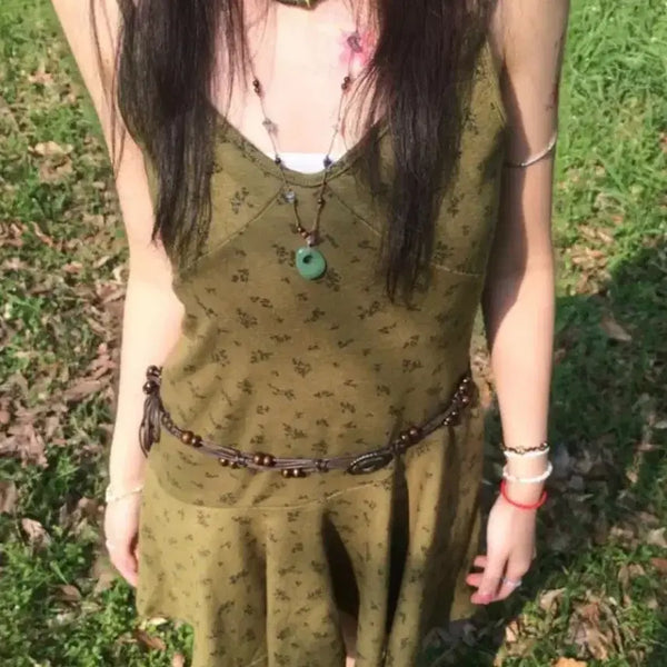 [BUNJANG] HINAIZ Olive Floral Bohemian Dress with Belt / 히나이즈 올리브 잔꽃 보헤미안 원피스 (벨트포함)