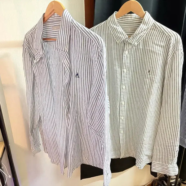 [BUNJANG] Beanpole Striped Linen Shirt (Navy/Khaki) / 빈폴 스트라이프 린넨 셔츠 XXL (네이비 / 카키)