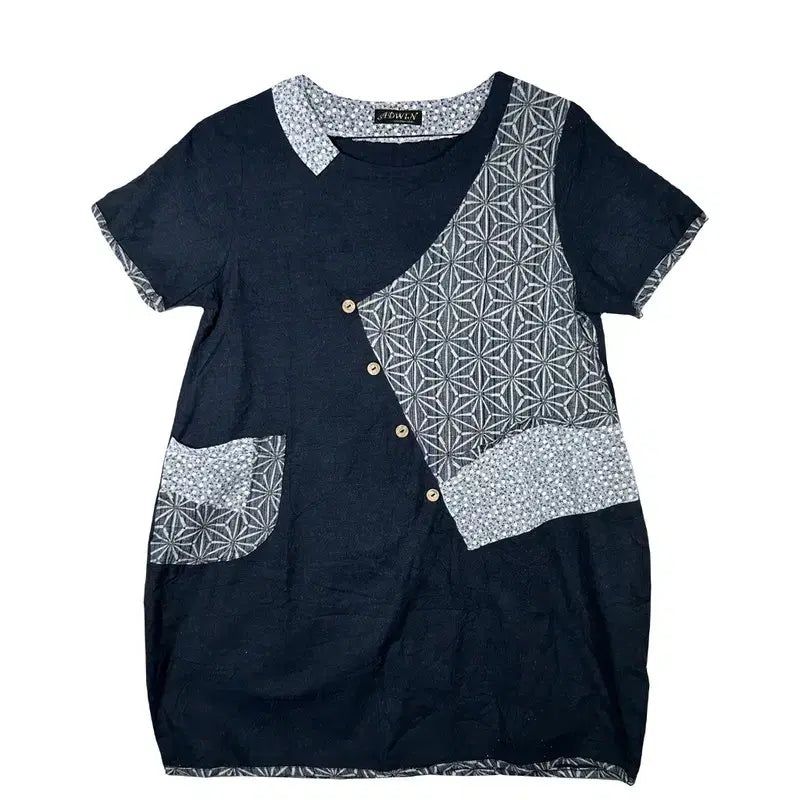 [BUNJANG] Colorblock Patchwork Long T-shirt Mini Dress / 배색 패턴 롱티 패치워크 유니크 루즈핏 티셔츠 미니 원피스 [M-L] 코튼 100% 혼방