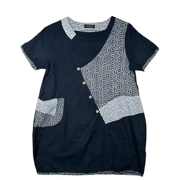 [BUNJANG] Colorblock Patchwork Long T-shirt Mini Dress / 배색 패턴 롱티 패치워크 유니크 루즈핏 티셔츠 미니 원피스 [M-L] 코튼 100% 혼방