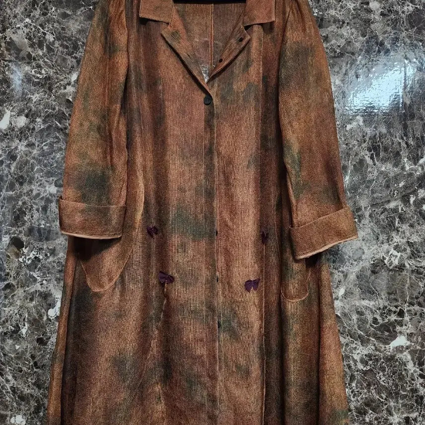 [BUNJANG] Linen Jacket Brown Pattern Ribbon Detail (Size 66) / 단아한 린넨 자켓 66