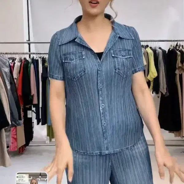 [BUNJANG] Pleated Denim Set (Top & Bottom) / 플리츠 데님 세트(상의 하의)