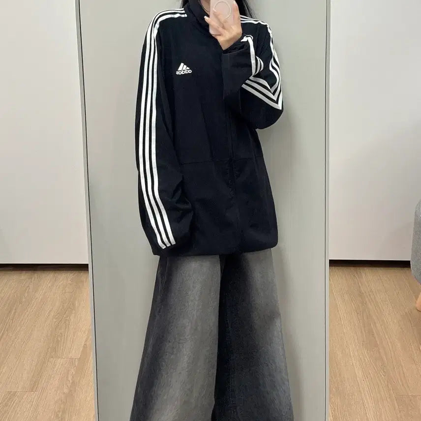 [BUNJANG] Adidas Originals Three Stripes Windbreaker Jacket Black White XL / 아디다스 블랙 화이트 삼선 바람막이 자켓