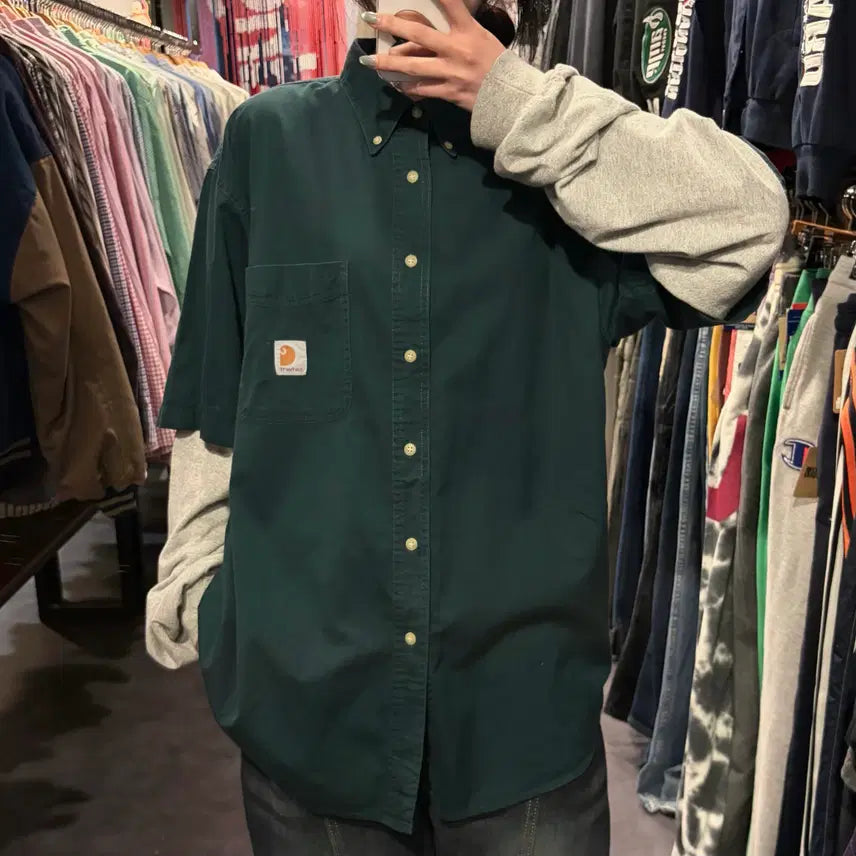 [BUNJANG] Carhartt Short Sleeve Button-Down Shirt Dark Green / [IM] Carhartt 칼하트 반팔 셔츠 다크그린