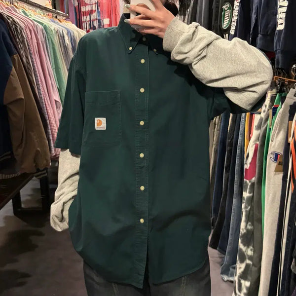 [BUNJANG] Carhartt Short Sleeve Button-Down Shirt Dark Green / [IM] Carhartt 칼하트 반팔 셔츠 다크그린