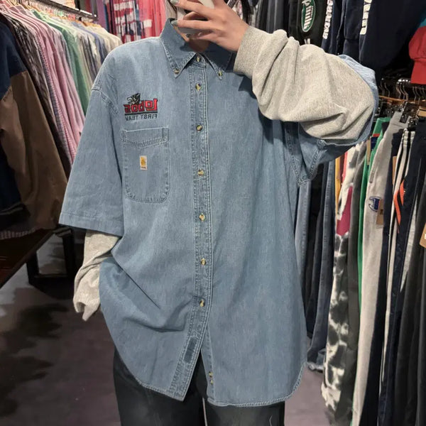 [BUNJANG] Carhartt Embroidered Denim Shirt Light Blue / [IM] Carhartt 칼하트 자수 데님 셔츠 연청