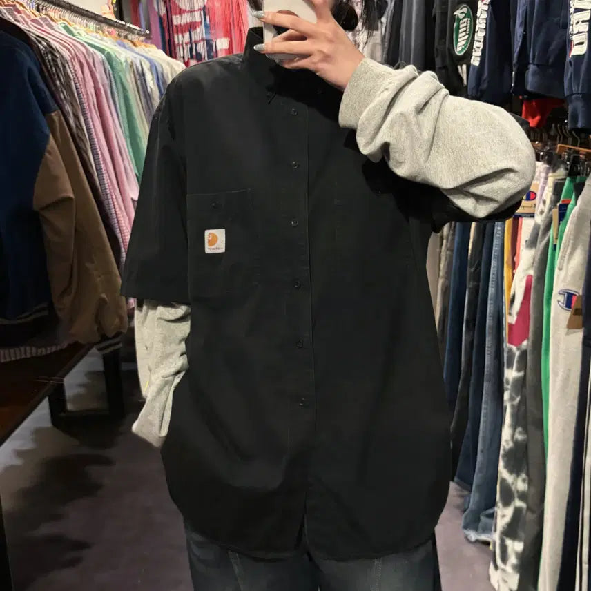 [BUNJANG] Carhartt Two Pocket Short Sleeve Shirt Black / [IM] Carhartt 칼하트 투포켓 반팔 셔츠 올블랙