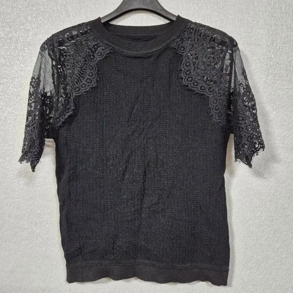 [BUNJANG] Lace Trimmed Rayon Short Sleeve Knit Top (55-66) / 레이스배색 레이온 반팔니트 55~66