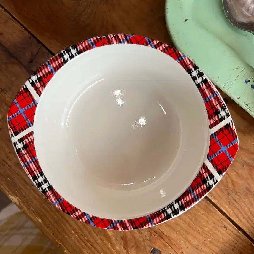 [BUNJANG] Japanese Vintage Red Check Cereal Bowl with Handles (Ice Crack Visible) / 일본 빈티지 레드체크 시리얼볼(빙열있음)