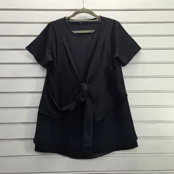 [BUNJANG] Black Chiffon Blouse with Vest Overlay and Front Tie Detail / 블랙  쉬폰  조끼일체형 앞끈장식 블라우스/보물찾기천사