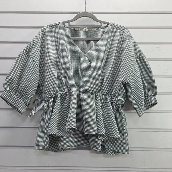 [BUNJANG] Checkered Ribbon Short Blouse / 체크무늬 허리끈장식  숏 블라우스/보물찾기천사