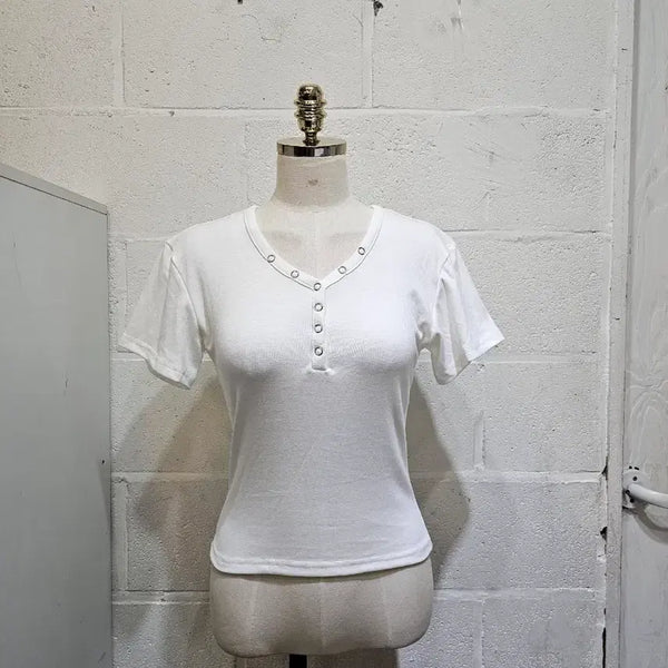 [BUNJANG] V-Neck Basic Short Sleeve Top - White / 허리라인 똑딱단추 브이넥 무지 반팔- 화이트